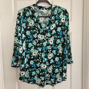 Charter Club v-neck women's large top 3/4 sleeves flower print curved hem